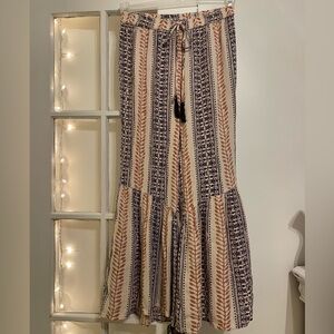 Wide Leg Printed Palazzo Pants - Cream, Navy & Tan